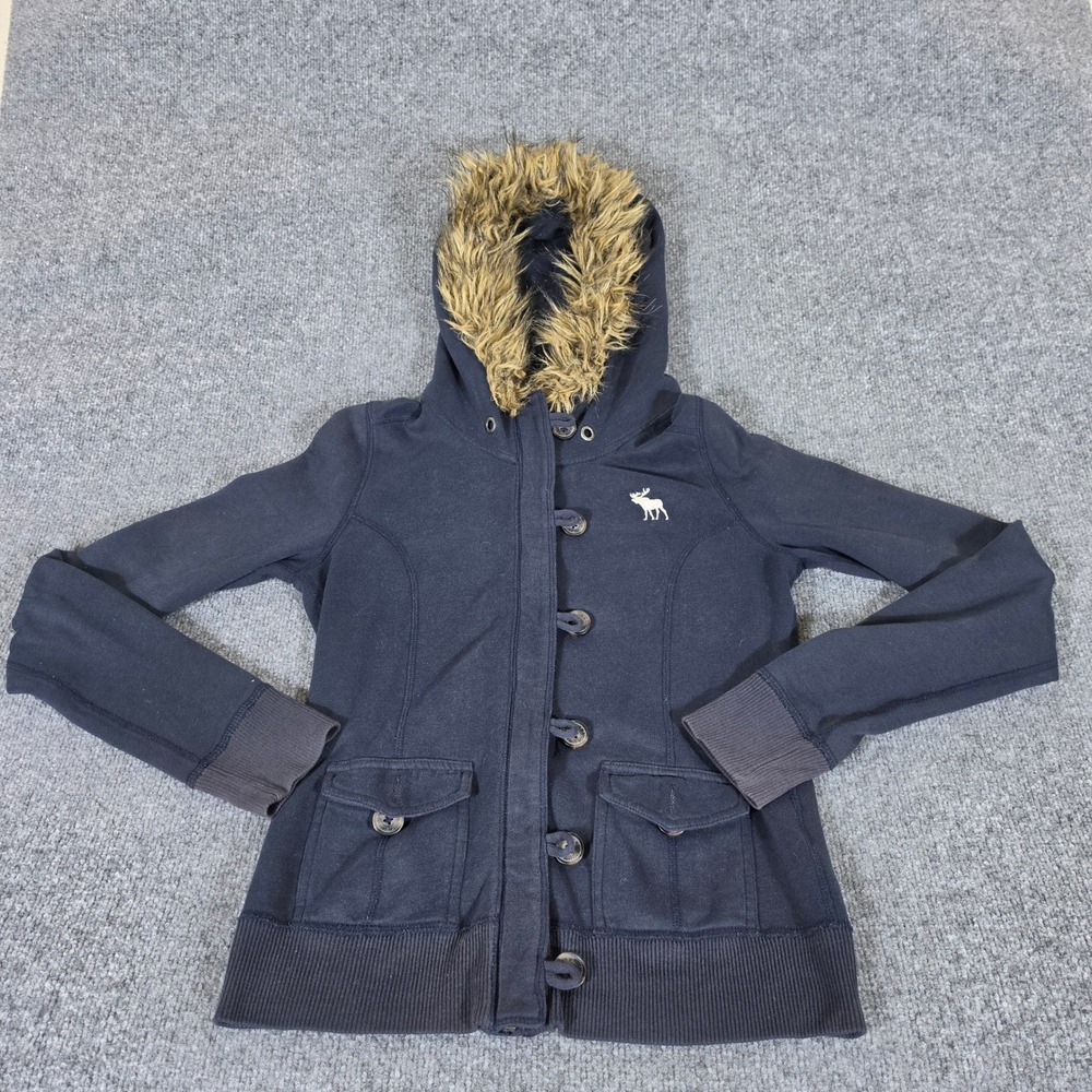 2000s Abercrombie Fitch Women Blue Faux Fur Hood Toggle Zip Hoodie Jacket Small